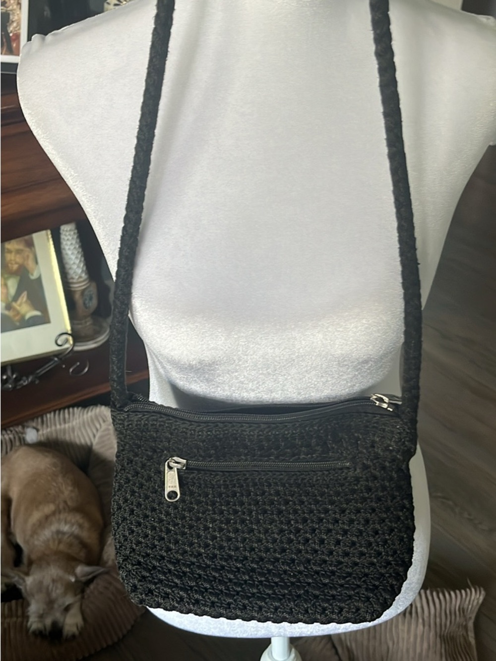 Lina Black Crochet Crossbody Bag with Front Zip